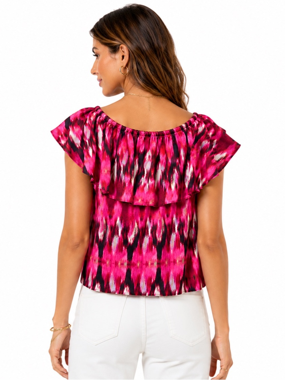 🩷 MISA Los Angeles Off-the-Shoulder Ruffle Blouse | Pink Abstract Print | NWT🩷 - Picture 2 of 3